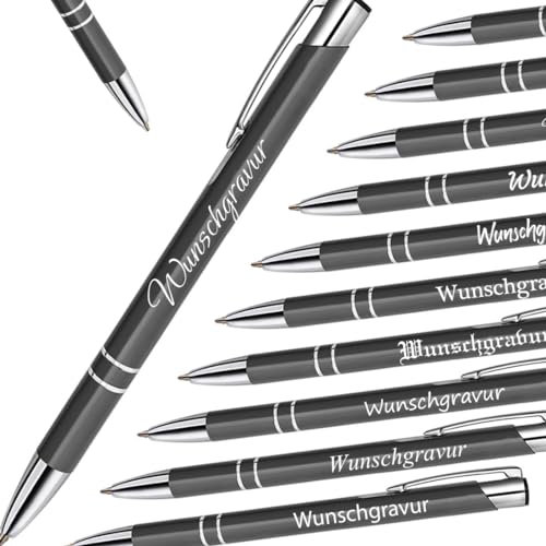 polar-effekt 1 Stück Metall Kugelschreiber mit Gravur in Grau - Druckkugelschreiber blauschreibend - Werbekugelschreiber Mitbringsel Stift mit Name