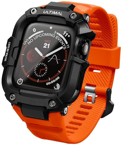 ULTIMAL Case with strap for Apple Watch Strap 45mm, Compatible with Apple Watch Series 9/8/7 Band, Rugged Military Grade Protective Bumper Cover for iWatch Strap Men (45mm, Orange)