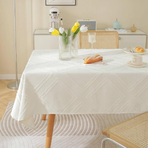 Musihy Tischwäsche Modern, 135 x 260 cm Baumwolle Leinen Fluff-Rhombus-Muster Tischtuch für Esszimmer, Garten, Party, Hochzeiten oder Haushalt, Cremeweiß, Stil1