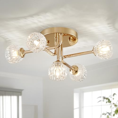 SHRINE LIGHTING Moderne Kristall-Deckenleuchte, Modernes Sputnik-Design, Deckenleuchte für Wohnraum, G9-Sockel 5-Lampen, D33 x H21,5cm, klares Kristall & Glänzendes Gold-Finish Metallgestell