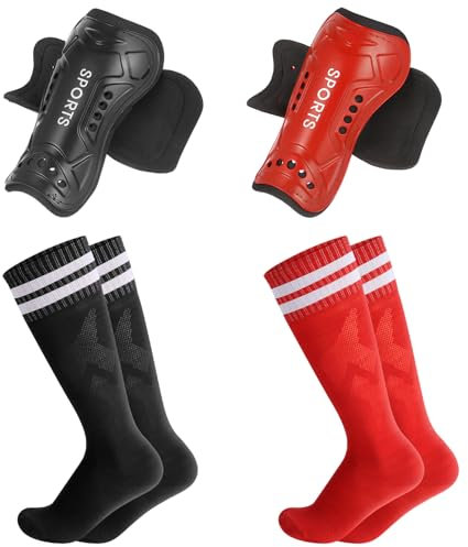 Partideal 2 Paar Schienbeinschoner für Kinder,Fussball Shin Guard mit Fußballsocken, Kinder Schienbeinschoner für 3-7 Jahre Jungen und Mädchen Fußballspiele(Schwarz+Rot)