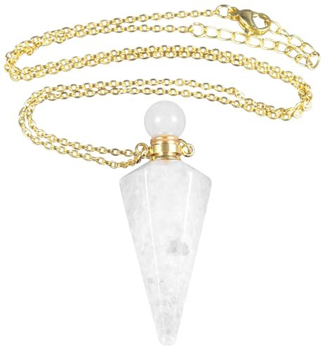 KYEYGWO Perfume Bottle Necklace Essential Oil Diffuser Pendant Men Women Jewellery Necklace Crystal Stone Amulet Crystal Point Gemstone Pendant, Rock Crystal