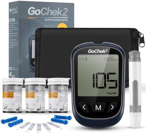 Glucosio nel sangue kit Glucometro Misuratore Glicemia GoChek2 Diabete Test Kit con indicatore pasto, 500 memorie, tester della glicemia con 60 strisce reattive e 60 lancette - mg/dL
