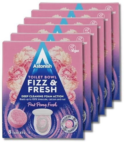 Astonish Toilet Cleaning Foam Action Tabs - Pink Peony Scent, Pack of 6 x 8 Tablets - Powerful and Effortless Toilet Bowl Cleaning with Refreshing Pink Peony Fragrance for Long-Lasting Freshness