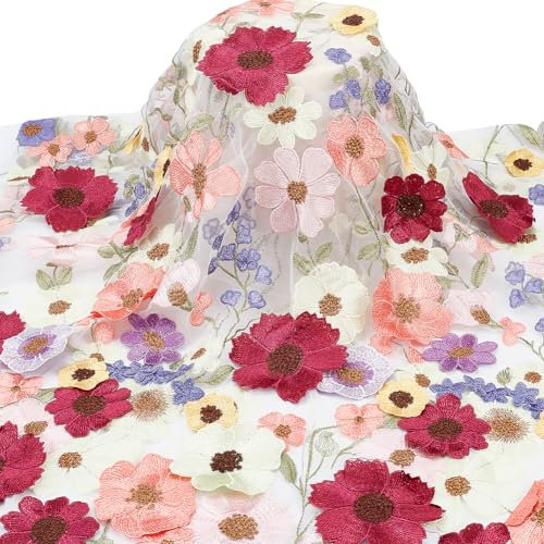 NBEADS 1 Yard 3D Bestickter Blumen-Spitzenstoff, 94cm Bestickter Spitzenstoff Mit Rosenmuster Netzstoff 3D Blume Komposit Stoff zum Nähen Hochzeit Hochzeitstuch DIY Handwerksbedarf