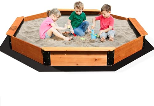 FUNTOK Large Octagon Wooden Sandpit for Kids, 216x216cm Garden Sandbox with 4 Bench Seats, PVC Cover & Bottom Liner, Outdoor Play Equipment Toys for Children