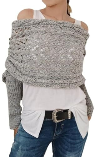 Strickschal mit Ärmeln für Damen Multifunktionales Schal Sweater mit Ärmeln, Kabelmuster Wickelschal, Bequemer Strickschal (Hellgrau)