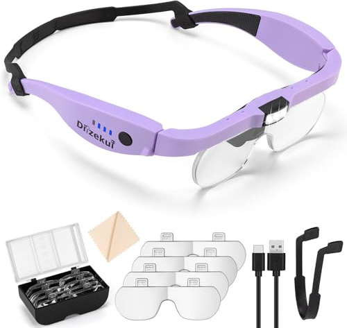 Dilzekui Magnifying Glass with Light 1.5X to 5.0X, Rechargeable Magnifying Glasses Head Magnifier, Lighted Magnify Glass with 4 Detachable Lenses, Magnifier Headset for Close Work Hobbies Jewelry