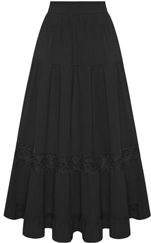Belle Poque Women Victorian Skirt Medieval Layered Pleated A Line Skirts with Pockets Black L