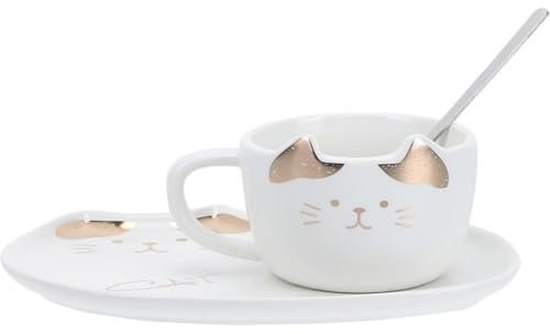 Huiyiwert Porcelain Espresso Cup Set Cute Cat Coffee Cup with Saucer and Spoon 200 ml Cappuccino Cup Gift for Cat Lovers Birthday Mother's Day (White)
