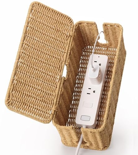 ZhiYo Handgefertigte Kabelbox aus Rattanimitat (Braun), Kabelorganizer und Versteckerbox für Kabel & Steckdosenleiste, Schreibtisch Kabelmanagement 32x13,5x14 cm