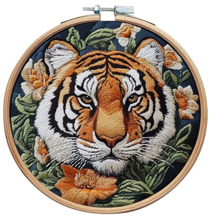 IUHUI Stickset für Fortgeschrittene Erwachsene - Schöne Tiere Wunderschöne Muster, DIY Handstickerei Set mit Rahmen (Tigerkopf)