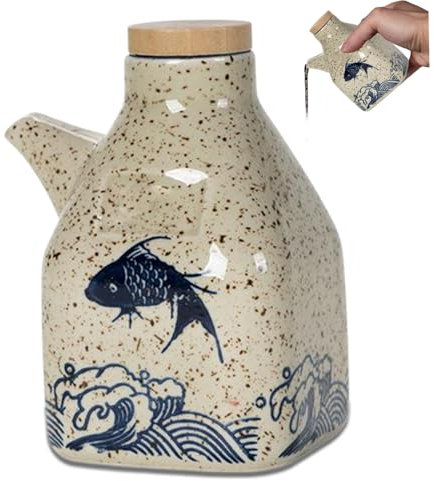 Bouteille de Sauce soja Distributeur d'huile en céramique 5x3 avec Couvercle en Bois Motif Poisson Distributeur de Sauce soja de Style Japonais récipient Liquide pour vinaigre Ponzu