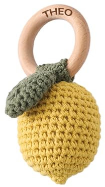 Mamimami Home Personalisierte Gehäkelte Babyrassel Häkeln Holz Greifling Baby Rassel Geschenk zur Geburt Handmade Junge und Mädchen,Geschenk zur Geburt(Zitrone)