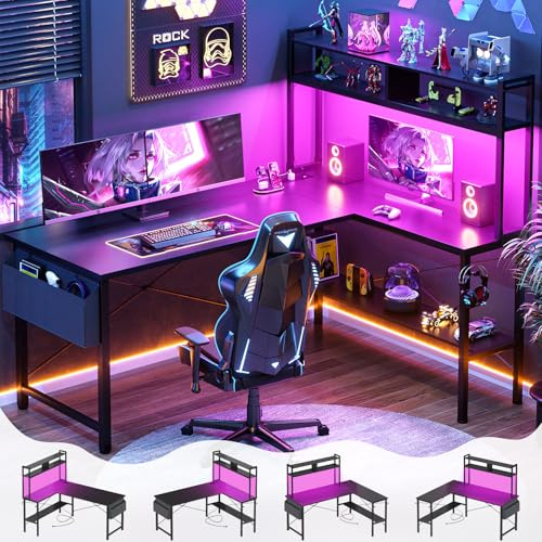 Aheaplus 59 L Shaped Desk Gaming Desk with LED Light & Power Outlet, Black