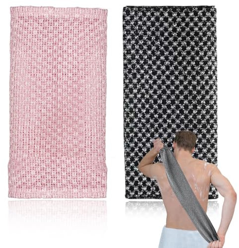 2 Pièces Débarbouillettes Exfoliantes, Gommage du Japonais dos pour la Douche, Gant de Toilette Exfoliant, Débarbouillettes pour Homme Femme pour les Peaux Sensibles et Rugueuses (Noir Rose)