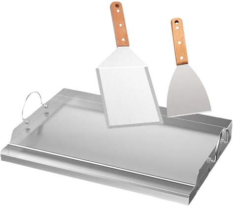 Plancha - Set di piastre per barbecue, 58 x 40 cm, con spatola e raschietto per barbecue, in acciaio inox con protezione antiscottatura e spatola per grigliare con manico in legno per barbecue a gas