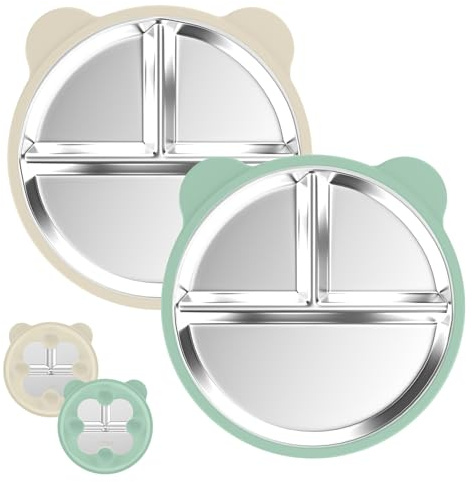 Edelstahl Baby Teller mit Saugnapf, 2 Stück Silikon Kinderteller mit 4 Saugnäpfen, Edelstahl Teller Baby, BPA-frei, Rutschfeste, Abnehmbare Silikonhülle, Babyteller, Kinderteller, Beige + Dunkelgrün