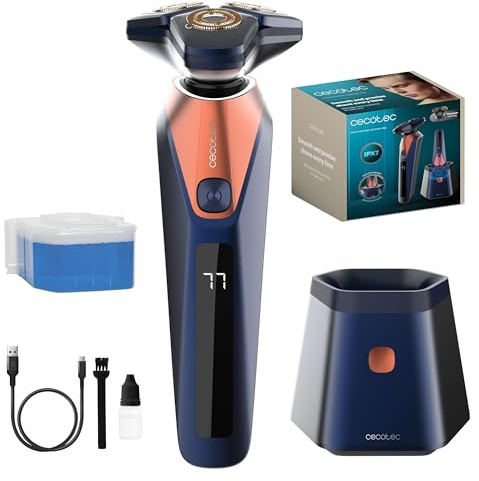 Cecotec Rotierender Rasierer mit selbstreinigender PrecisionCare Saphire Pro Basis, 3 – 5 Minuten, inklusive Reinigungsflüssigkeit, Laufzeit 90 Minuten, Klingen aus Titan, wasserfest IPX7
