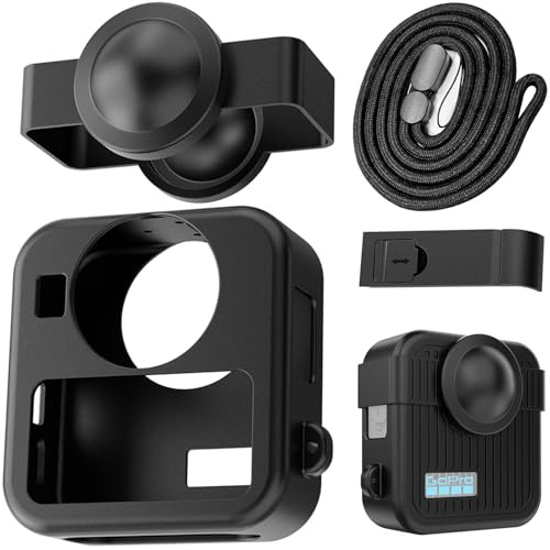 Honbobo Kamera Silikon Schutzhülle Abdeckung Ersatzobjektivkapp Objektivdeckel Akku Ersatzklappe Lanyard für GoPro Max 2 (4in1(Cover+Battery Cover+Lens Cap+Lanyard))