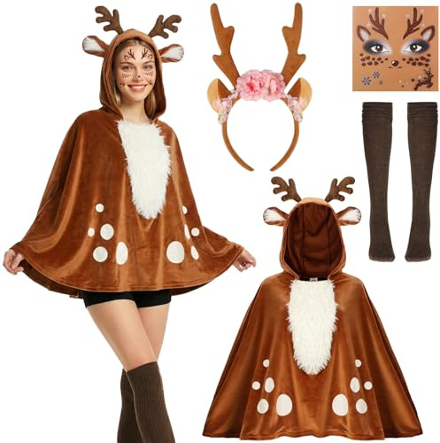 Reh Kostüm Damen Geweih Blume Rentier Haarreif Reh Poncho mit Kapuze Tier Bambi Kostüm Damen Socken Glitter Gesichtstattoo Rentier Erwachsene für Karneval Weihnachten Mottoparty Halloween Fasching