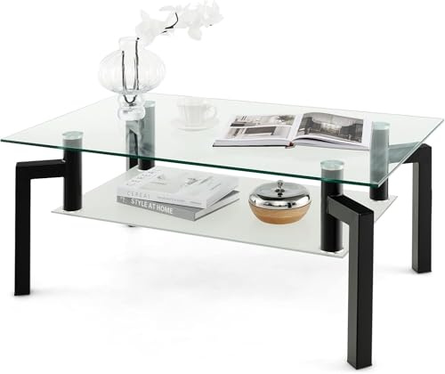 GOPLUS Mesa de Centro de Cristal de 2 Niveles | Mesa de Cafe moderna para Salon, 100x60x43CM, con Estante Abierto y Carga 90KG+30KG