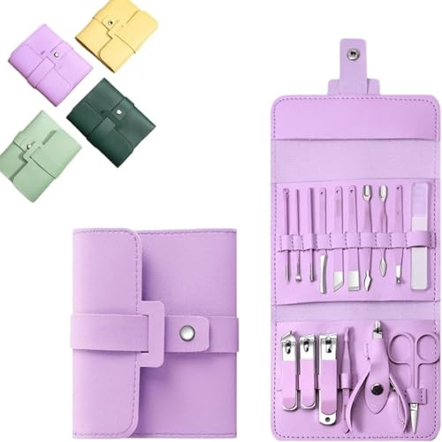 Tragbares Nagelknipser-Set 12/16-teilig, faltbares Nagelknipser-Set aus Leder, kompaktes Maniküre-Set, leicht verstaubares Maniküre-Set mit Nagelknipsern, Scheren (Purple,16 PCS)