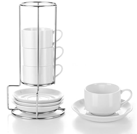 APACALI 4 Stück Cappuccino Tassen Dickwandig, 100ML Mokkatassen Dickwandig, inkl. 4 Untertassen & Ständer, Stapelbar Kaffeetassen aus Porzellan, Spülmaschinengeeignet, Weiß