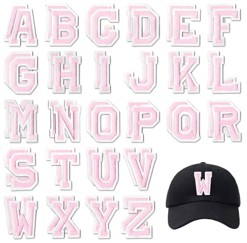 HMCEY 52 Pezzi Toppe Termoadesive Lettere,Lettere Adesive per Tessuto da Stirare,Patch da Cucire Su Tessuto,Toppa per Vestiti da Cucire,Patch Adesiva per Riparazioni per Giacche, Cappotti - Rosa