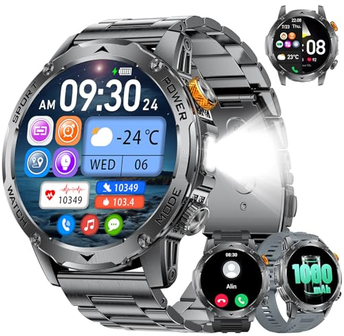 FITFLEX Smartwatch Herren, 1000mAh Akku/1.75'' HD Großes Display, Militar Smart Watch mit Bluetooth Anrufe/130+ Sportmodi/IP68 Wasserdicht Fitnessuhr mit Herzfrequenz, für Android iOS, Mattschwarz