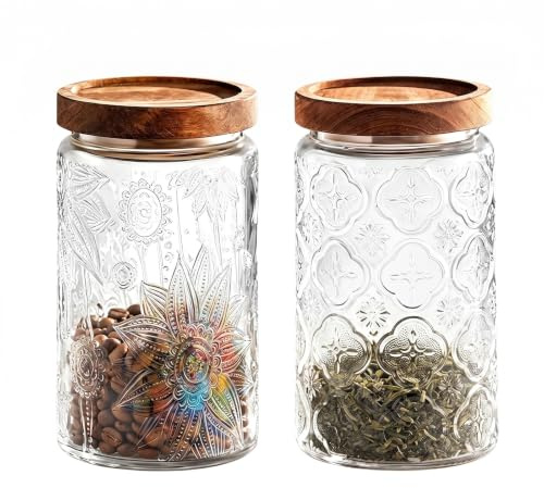 Umllpet Lot de 2 Bocaux Verre Vintage Gravé 1000ml, Récipients Hermétiques avec Couvercle Bois, Conservation Café Farine Pâte Épices pour Cuisine Garde-Manger