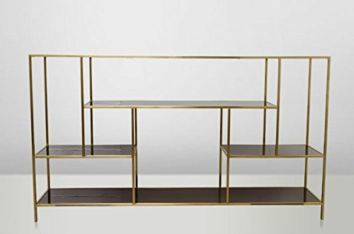 Casa Padrino Art Deco Luxus Regal Schrank Edelstahl Gold mit getönten Glasböden H108 x 190 x 40 cm - Bücherregal Regal Schrank - Jugendstil Möbel