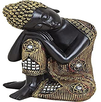 Schwarz-Goldfarbene Buddha-Figur 17cm als Deko-Artikel für Haus & Garten | wetterfeste meditierende Buddha-Statue | Moderne Deko-Skulptur als Wohn-Accessoire Idee für Asien-Fans