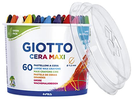 GIOTTO Cera Maxi, Súper Lavables, Diámetro 11.5mm, Bote de Bio Plástico, 5x12 Colores Surtidos, 60 unidades