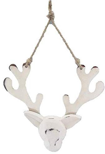 Natur-deko Rentier HÄNGER ca 17-20 cm. Holz Rentierkopf mit ALU Geweih. Hirsch- Kopf. Weiss Silber -41