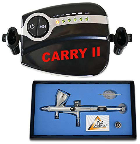 AIRBRUSH KOMPRESSOR Profi AirBrush SET CARRY II -LIMITIERTE AKTION!- Airbrush Kompressor SET für Airbrushfarbe HOCHWERTIGE AIRBRUSHPISTOLE DOUBLE ACTION 180D mit 0,2mm Nadel/Düse