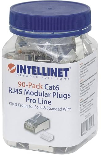 Intellinet 90er-Pack Cat6 RJ45-Modularstecker Pro Line (STP, 3-Punkt-Aderkontaktierung, für Litzen- und Massivdraht, 50 µ vergoldete Kontakte) 790543 grau