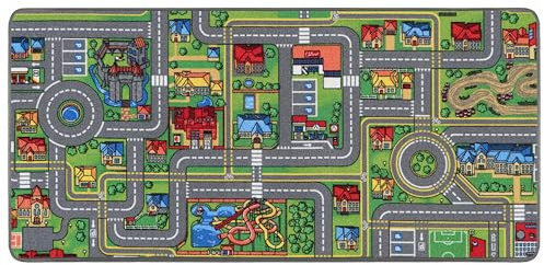 Primaflor Spielteppich mit Straßen & Kreisverkehr – Spielteppich für Kinder 160x200 cm – pflegeleichter Kinderteppich mit Straßen