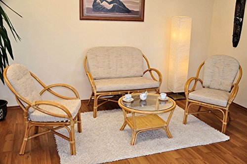 Rattangarnitur, Rattangruppe Calipso Fb. Honig, Set Rattansofa, 2 Rattansessel + Rattantisch