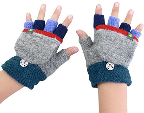 Fäustlinge mit Knopf Klappe Fingerlose Handschuhe für Kinder Winter Warm Strickhandschuhe Winterhandschuhe in Affe Optik, Grau, Einheitsgröße