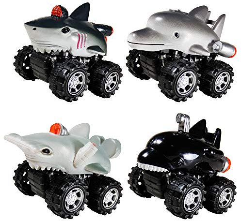 DINOBROS Jouets Shark Tirer vers l’arrière des Voitures pour garçons et Tout-Petits 4 Pack Jouet de Camion d’Animal de mer d’océan Dauphin Requin-Marteau Orque Cadeau Jeu de Jeu pour 3 Ans et Plus
