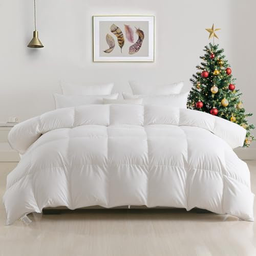DWR Luxuriöse Daunendecke mit Federn, für Doppelbett, Hotel-Stil, flauschiger Bettdeckeneinsatz, ultraweicher ägyptischer Baumwollbezug, 750 Füllkraft, 1,3 l, mittelschwer, für alle Jahreszeiten (90 x