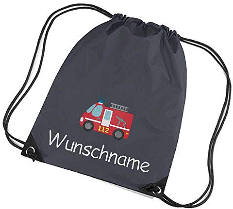 Turnbeutel Feuerwehr Bestickt mit Namen personalisiert dunkelgrau Sportbeutel Schuhbeutel Schwimmbeutel Wäschebeutel 45x33 cm