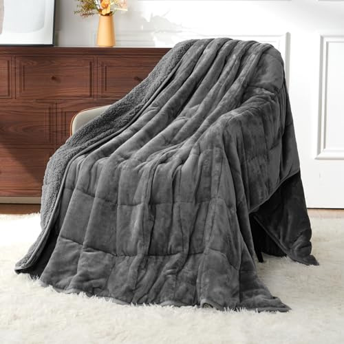 Uttermara Weighted Blankets for Adults Queen Size, 15lbs 60x80 inches Blanket with Soft Warm Plush Sherpa Fleece, Washable Thick Heavy Throw for Sleeping and Calming, Grey