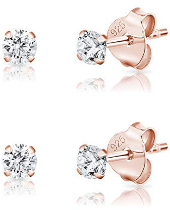 DTPsilver® 2 PAIRES lot boucles d'oreilles femme argent 925 - MINI ou Petits Clous Puces Plaqué Or Rose et Oxyde de Zirconium Ronds - Diamètre: 3 mm - Blanc/Clair CZ