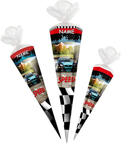 alles-meine.de GmbH Schultüte - Auto - Sportwagen/Rennwagen - Rennauto/Motorsport - 50 cm - 6 - eckig - incl. Name - Tüllabschluß - Zuckertüte - mit/ohne Kunststoff Spitze ..