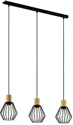 EGLO Pendelleuchte Palmorla, 3 flammige Hängelampe Vintage, Industrial, Retro, Hängeleuchte aus Stahl und Holz in Schwarz, Natur, Esstischlampe, Wohnzimmerlampe hängend mit E27 Fassung
