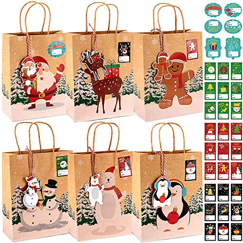 wohot 24 Stück Geschenktüten Weihnachten, Kraft Papiertüte mit Griff + 24 Weihnachtsanhänger + 33 Weihnachtsaufklebern, Weihnachten Plätzchentüten Süßigkeitentüten