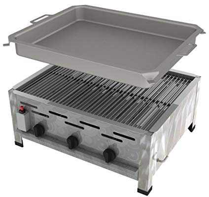 ChattenGlut Professional Gastrobräter 3-flammig Tischgerät Edelstahl Stahlbrenner für Flüssiggas 650x530x270mm (13,5kW Rost + Pfanne)