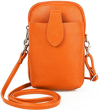 Kleine Damen Leder Umhängetasche, Ital. Handtasche Handy Echtleder, Crossbody Schultertasche für Frauen Mädchen, 0002111070, Tasche Farben:Orange